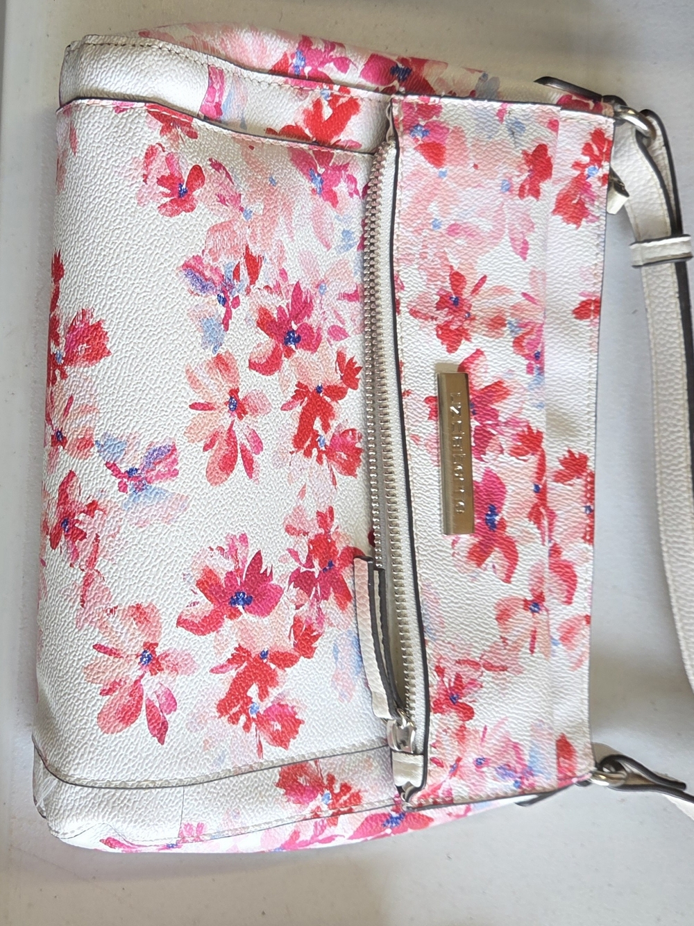 White Floral Crossbody Bag - Pink & Red Flower Print